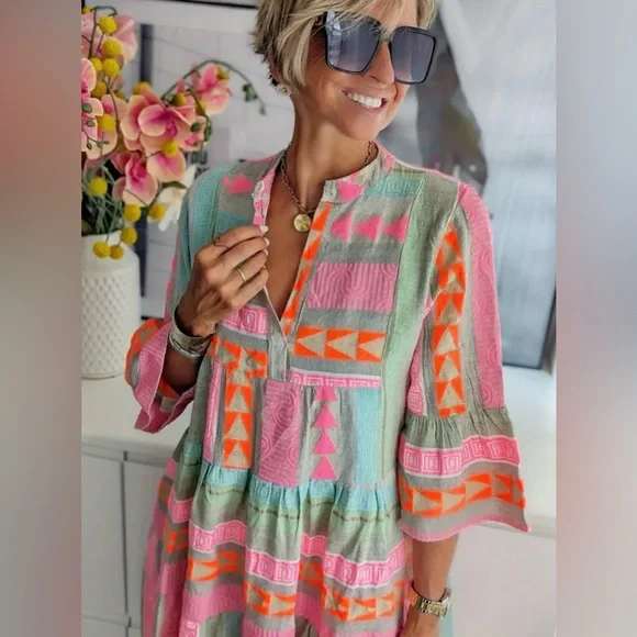 NEW Boho Embroidered Colorful Geometric Patterned Women's Dress - Picture 4 of 5